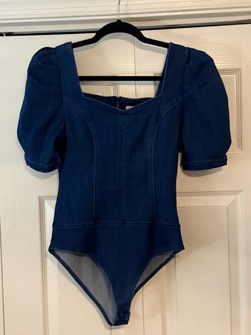 Dark Blue Puff Sleeve Denim-Style Bodysuit